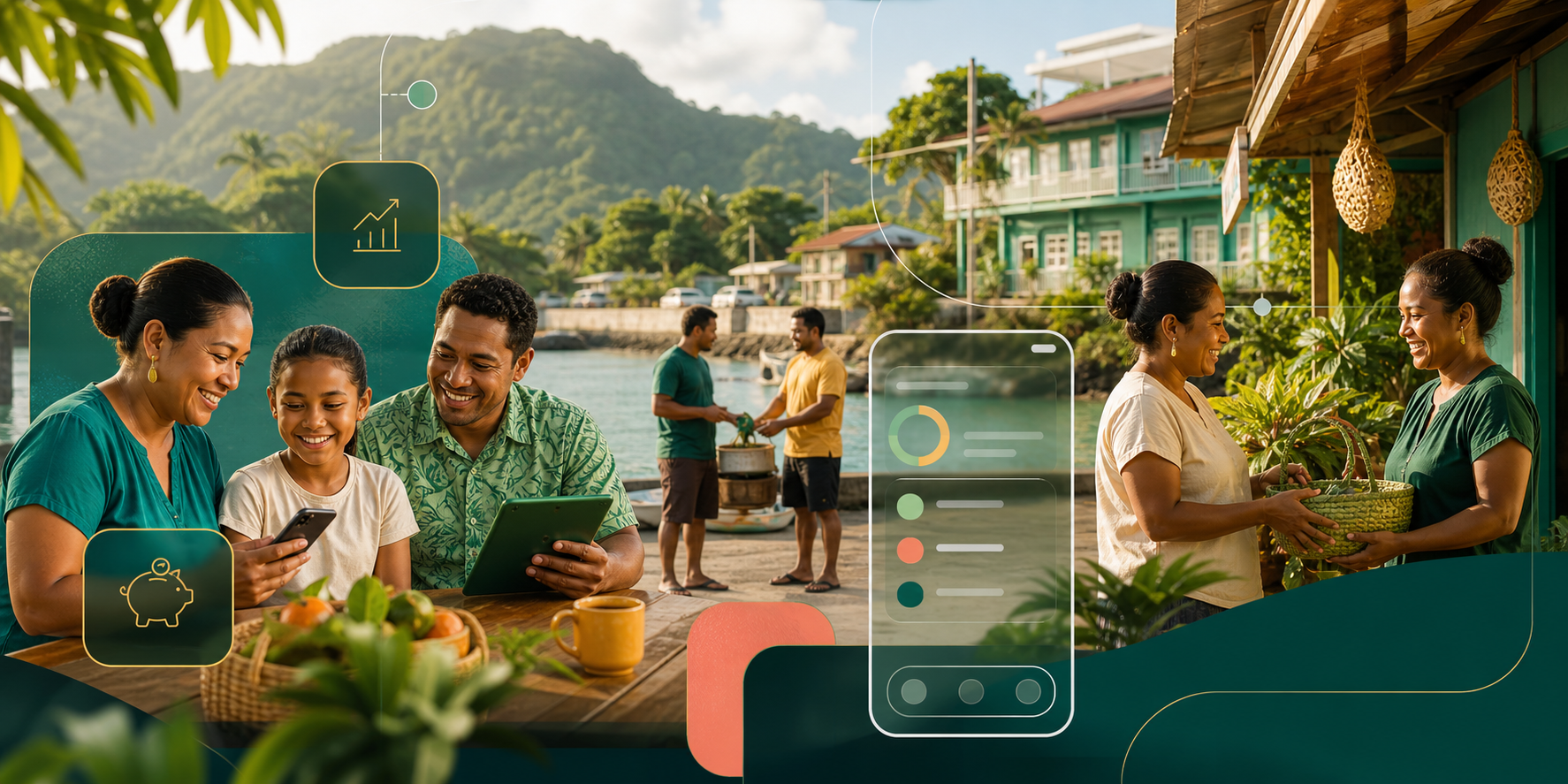 Community members using mobile financial services in a Pohnpei-inspired setting